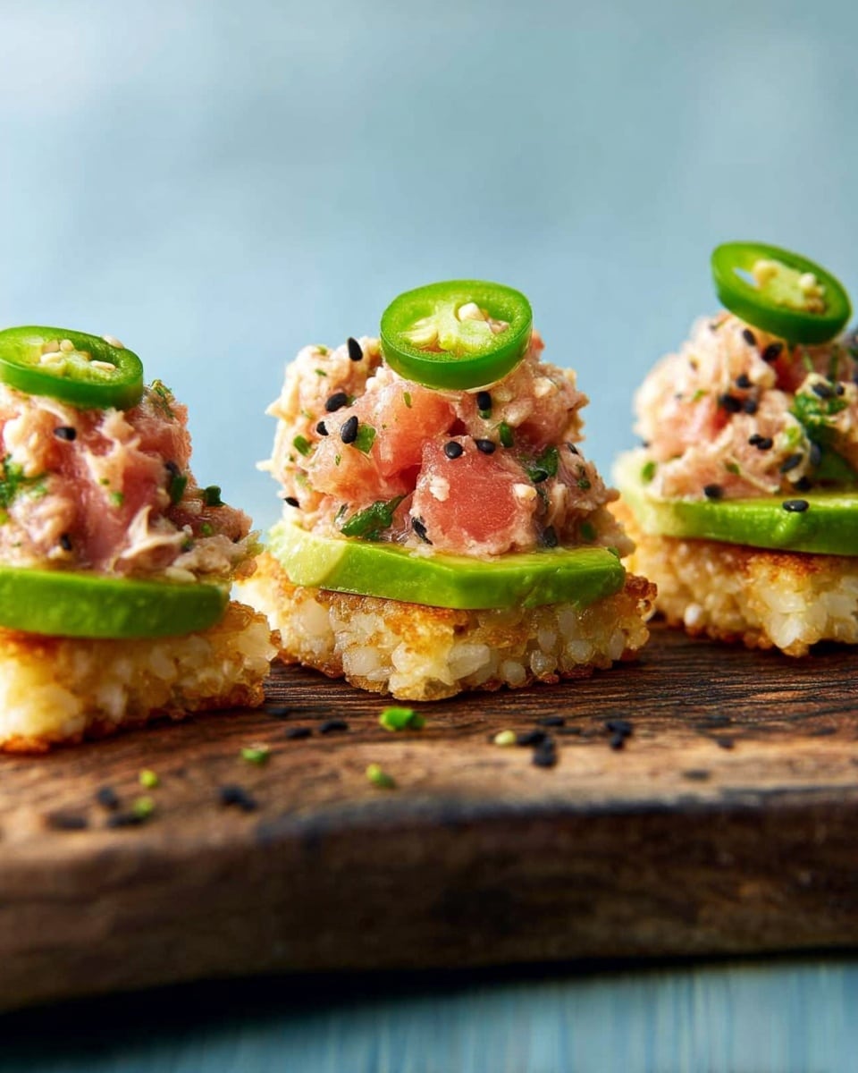 The image shows small appetizer bites arranged on a dark round plate set on a white marbled surface. Each bite has three main layers: at the bottom, a golden brown, crispy square base that looks crunchy; above that, thin slices of green avocado; on top, a generous scoop of creamy mixed seafood or fish salad in light pink or reddish tones, some with sesame seeds sprinkled on top. Each bite is finished with a thin slice of green jalapeño pepper placed on the peak. In the background, a cold drink with a light yellow color is slightly blurred. Photo taken with an iphone --ar 4:5 --v 7