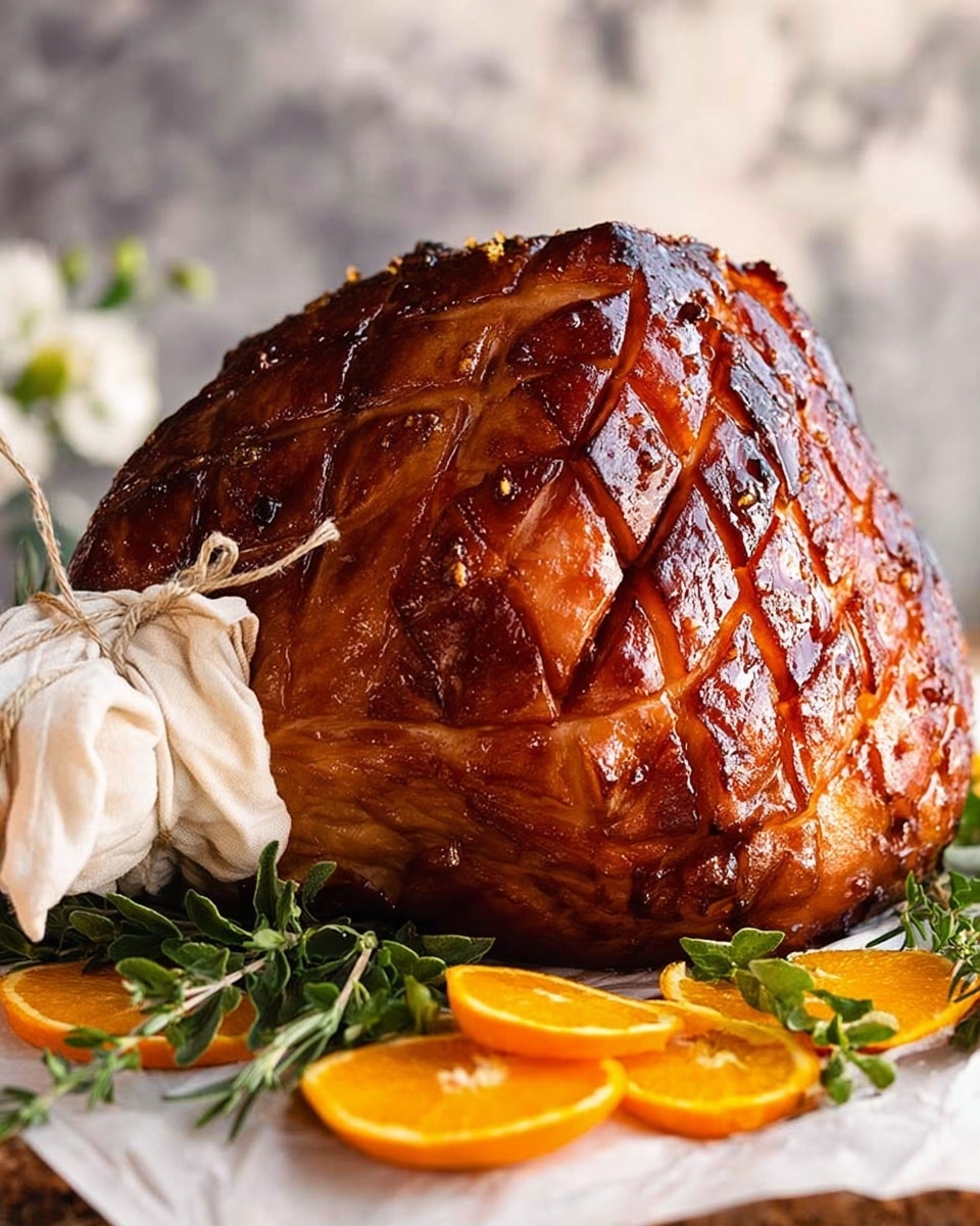 A large glazed ham with a shiny, dark brown surface covered in a crisscross pattern of cuts sits on a sheet of parchment paper. The ham's bone end is wrapped in white cloth tied with string, and fresh green sprigs of herbs are tucked around it. Around the base of the ham, bright orange slices are arranged alongside more green herbs. The background features a soft blur with a white marbled surface underneath, giving a clean and elegant look. Photo taken with an iphone --ar 4:5 --v 7