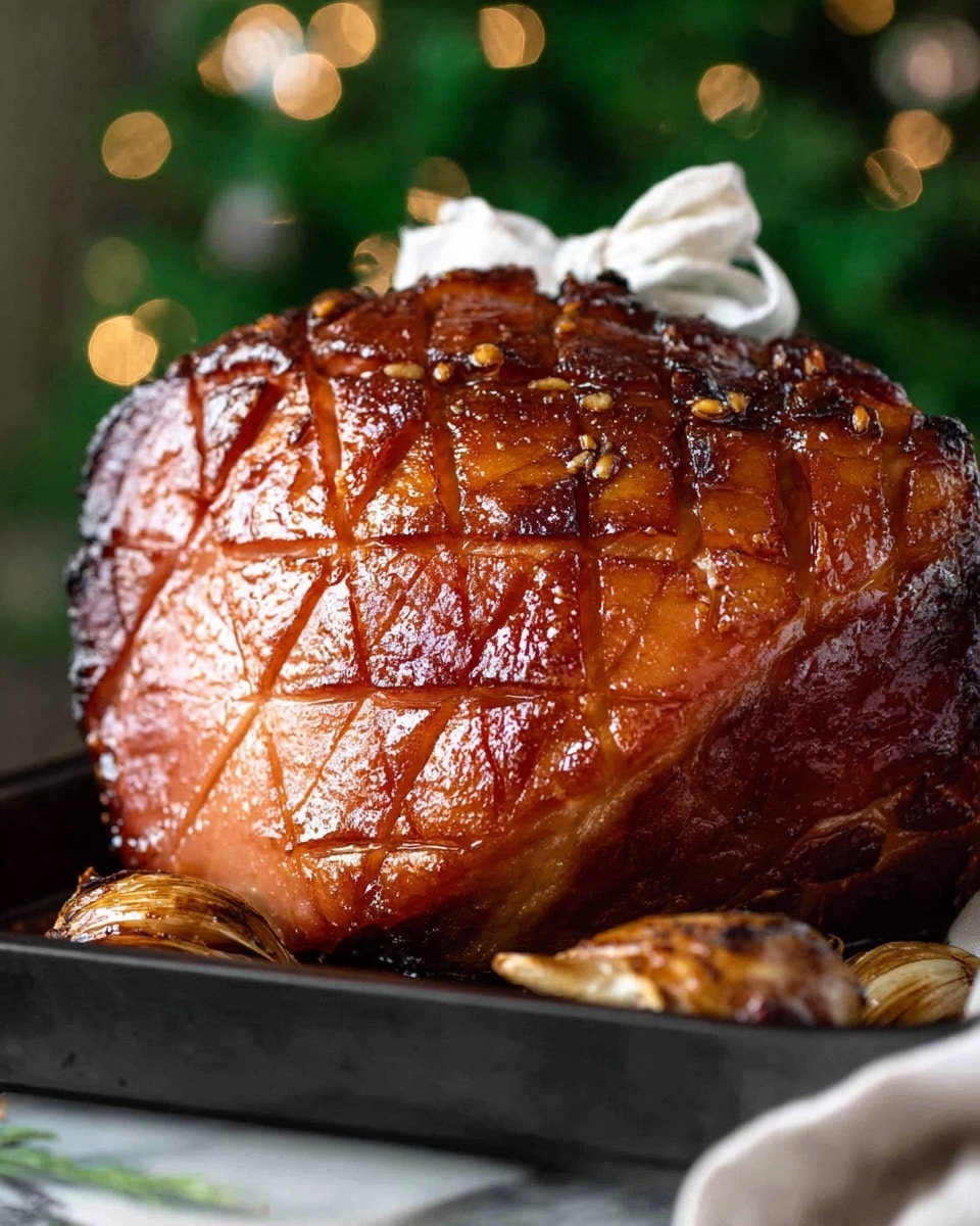 The image shows a large cooked ham with a shiny, caramelized brown glaze and a diamond pattern scored into the surface, studded with cloves in each diamond. The ham sits on a dark pan with some roasted brown garlic cloves around it. One end of the ham is wrapped in white cloth tied with a bow. The background shows a blurred green Christmas tree. The whole scene rests on a white marbled surface. photo taken with an iphone --ar 4:5 --v 7