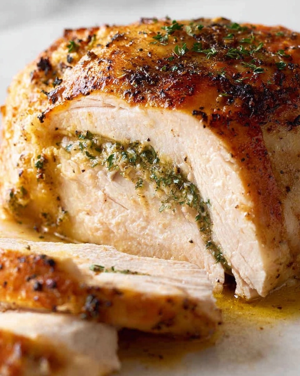 A close-up view of a thick piece of roasted chicken breast on a white marbled surface, showing three main layers: the top layer is crispy, golden-brown skin with visible black pepper and herbs; beneath it is a thin green herb filling layer slightly oozing golden juice; the bottom and largest layer is tender, white cooked chicken meat with a soft texture, some of which is sliced off in front, showing the inside clearly. Photo taken with an iphone --ar 4:5 --v 7