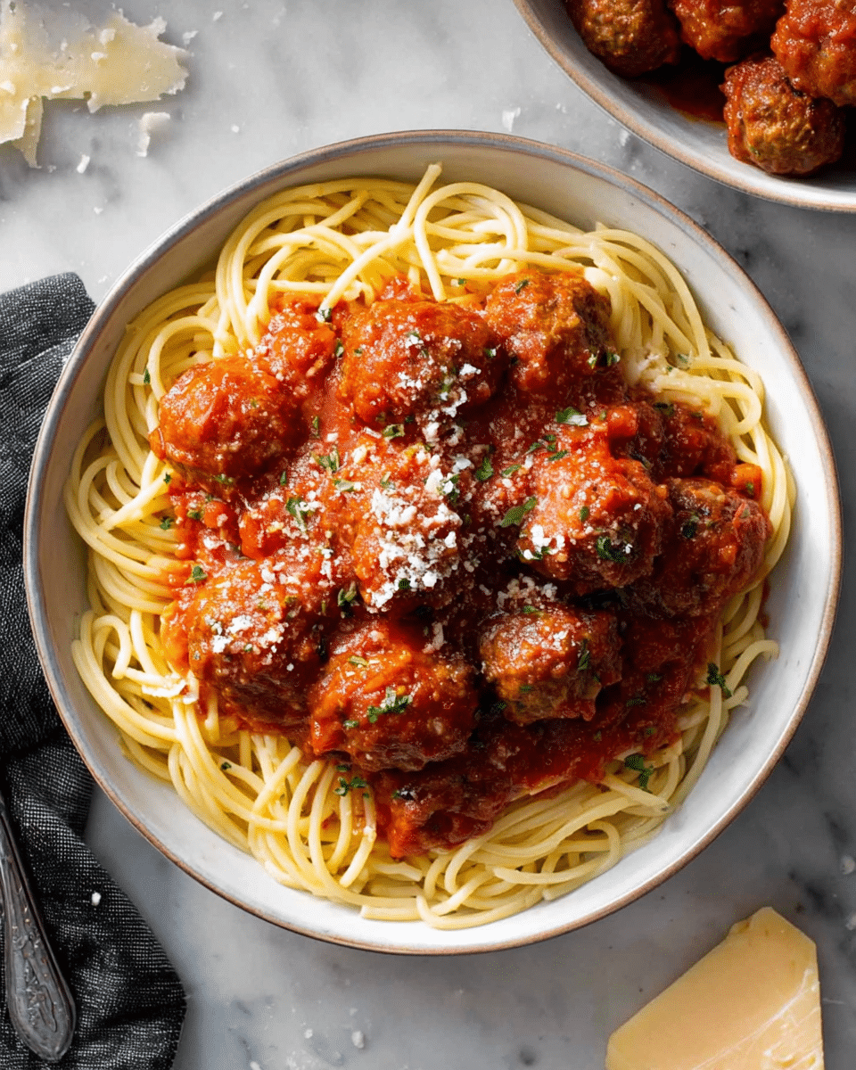 A deep white bowl filled with a bed of light yellow spaghetti noodles forming the bottom layer, topped generously with a rich red tomato sauce mixed with multiple round, brown meatballs that have a slightly rough texture. The meatballs and sauce are sprinkled with a small amount of finely grated white cheese, and tiny green herbs are scattered lightly over the sauce. The bowl rests on a white marbled surface with a small piece of light yellow cheese and part of another white bowl with more spaghetti and meatballs visible in the upper right corner. Photo taken with an iphone --ar 4:5 --v 7