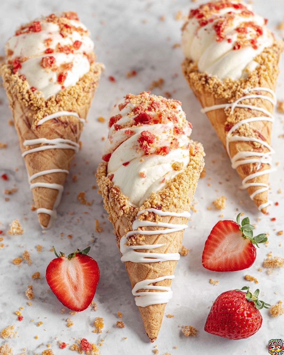 The image shows three ice cream cones placed on a white marbled textured surface with some scattered small crumb pieces and strawberry chunks around them. Each cone has three visible layers: a light brown waffle cone base with white icing drizzled in thin lines wrapping around it; a thick outer crumbly layer of mixed tan and red crumbs covering the top edge of the cone; and a top layer of smooth, creamy white whipped ice cream with small bright red strawberry pieces mixed into the cream and sprinkled on top. Two halved fresh strawberries are also on the surface, adding a vibrant red color contrast to the composition. The photo taken with an iphone --ar 4:5 --v 7