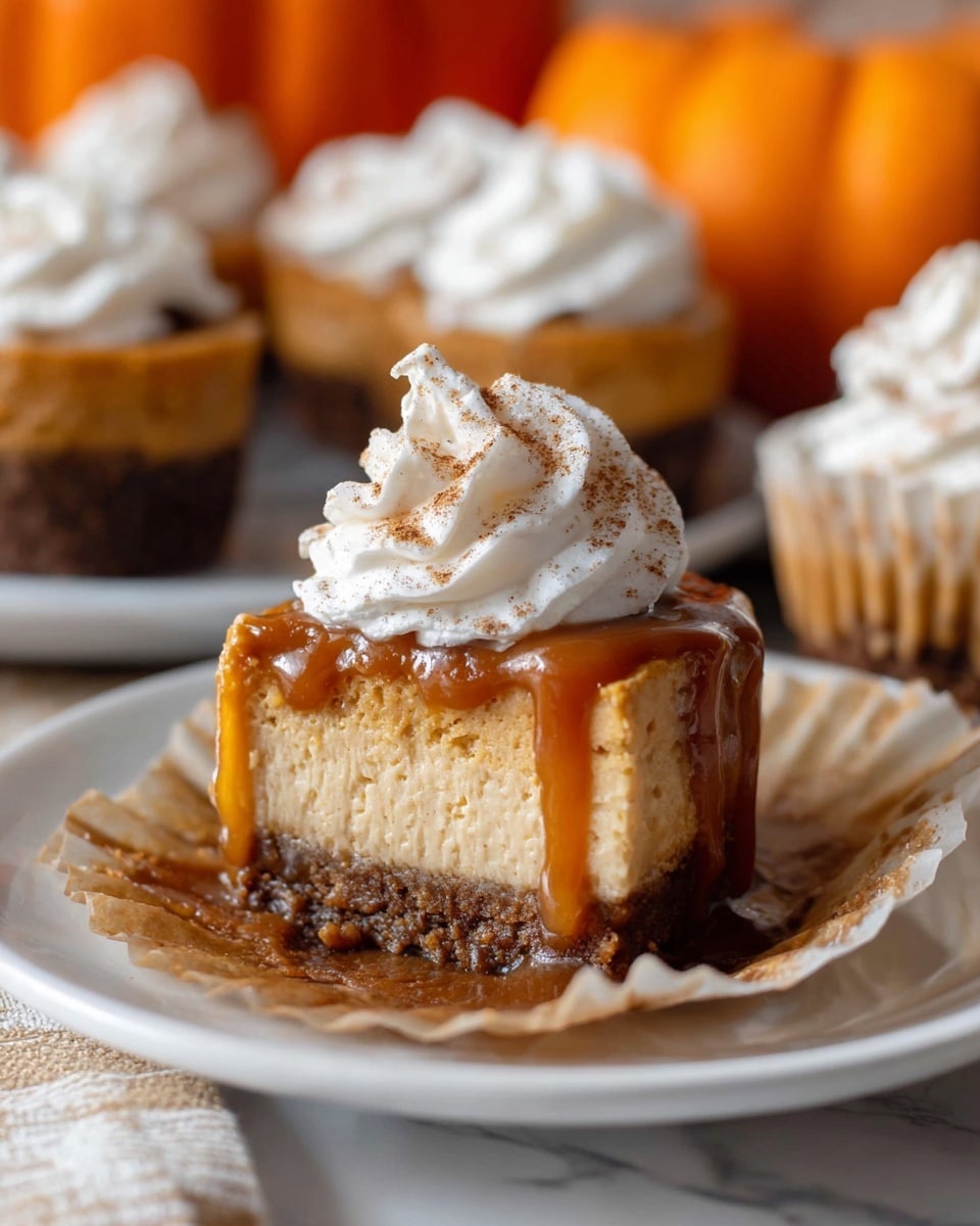 A close-up of a mini cheesecake with three layers: the bottom layer is a dark brown crumbly crust, the middle layer is thick and creamy with a beige pumpkin color, and the top layer is a glossy caramel sauce gently dripping down the sides. On top of the caramel, there is a swirl of white whipped cream sprinkled with a light dusting of brown cinnamon powder. The cheesecake sits on a white plate with a crinkled light brown paper liner peeled back, all placed on a white marbled texture surface. In the background, there are out-of-focus bright orange pumpkins and more mini cheesecakes topped with whipped cream. Photo taken with an iphone --ar 4:5 --v 7