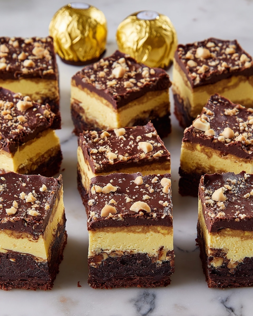 The image shows several square dessert bars arranged neatly on a white marbled surface. Each bar has three visible layers: the bottom layer is dark brown and dense, resembling a firm chocolate brownie; the middle layer is a thick, creamy yellow custard or cheesecake layer; the top layer is a glossy dark chocolate ganache sprinkled with small crushed nuts. Some whole nuts are visible embedded in the middle and bottom layers. In the background, two round chocolates wrapped in shiny gold foil are placed between the dessert bars, adding a touch of elegance. The photo taken with an iphone --ar 4:5 --v 7