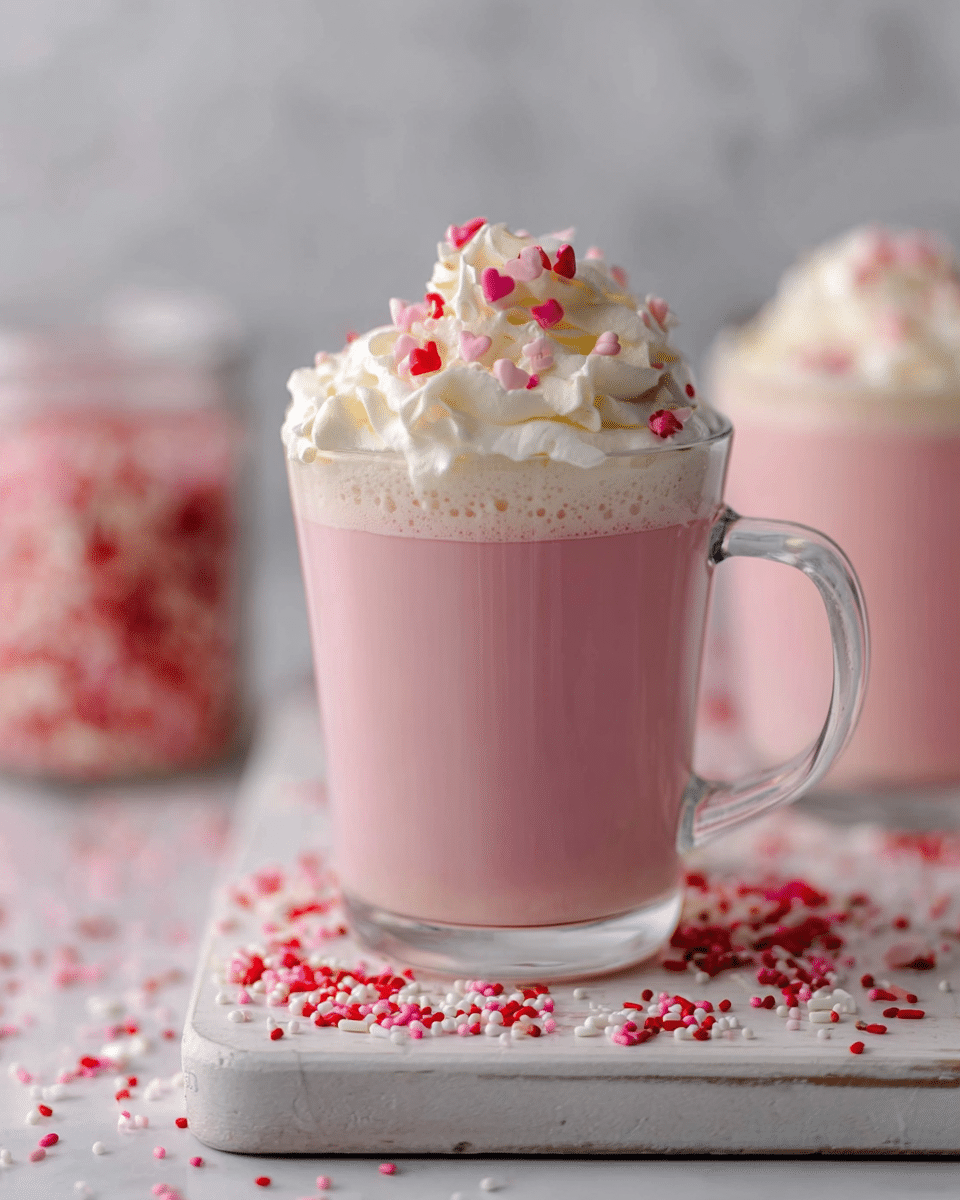 A clear glass mug holds a creamy pink drink topped with a thick layer of white whipped cream. On top of the whipped cream, there are small red, pink, and white sprinkles scattered around, adding bright color and texture. The mug sits on an old white wooden board, with more red, pink, and white sprinkles spread on the white marbled surface around it. In the background, there is a blurred second pink drink and a jar filled with similar colorful sprinkles, both resting on the same white marbled texture. Photo taken with an iphone --ar 4:5 --v 7