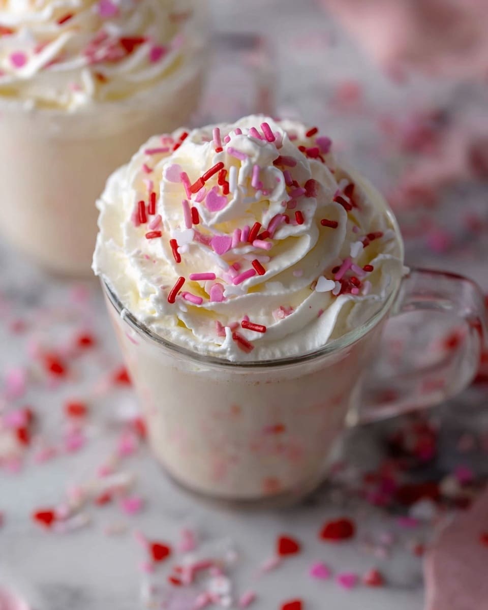 The image shows a clear glass mug filled with a creamy white drink topped with a large swirl of white whipped cream. On top of the whipped cream, there are colorful sprinkles in shades of red, pink, and white, including small hearts and cylindrical shapes. The glass mug sits on a white marbled surface, and pieces of the same sprinkles are scattered casually around the base, adding a sense of playfulness. In the background, there is a blurred second mug with whipped cream and sprinkles, creating depth. Photo taken with an iphone --ar 4:5 --v 7