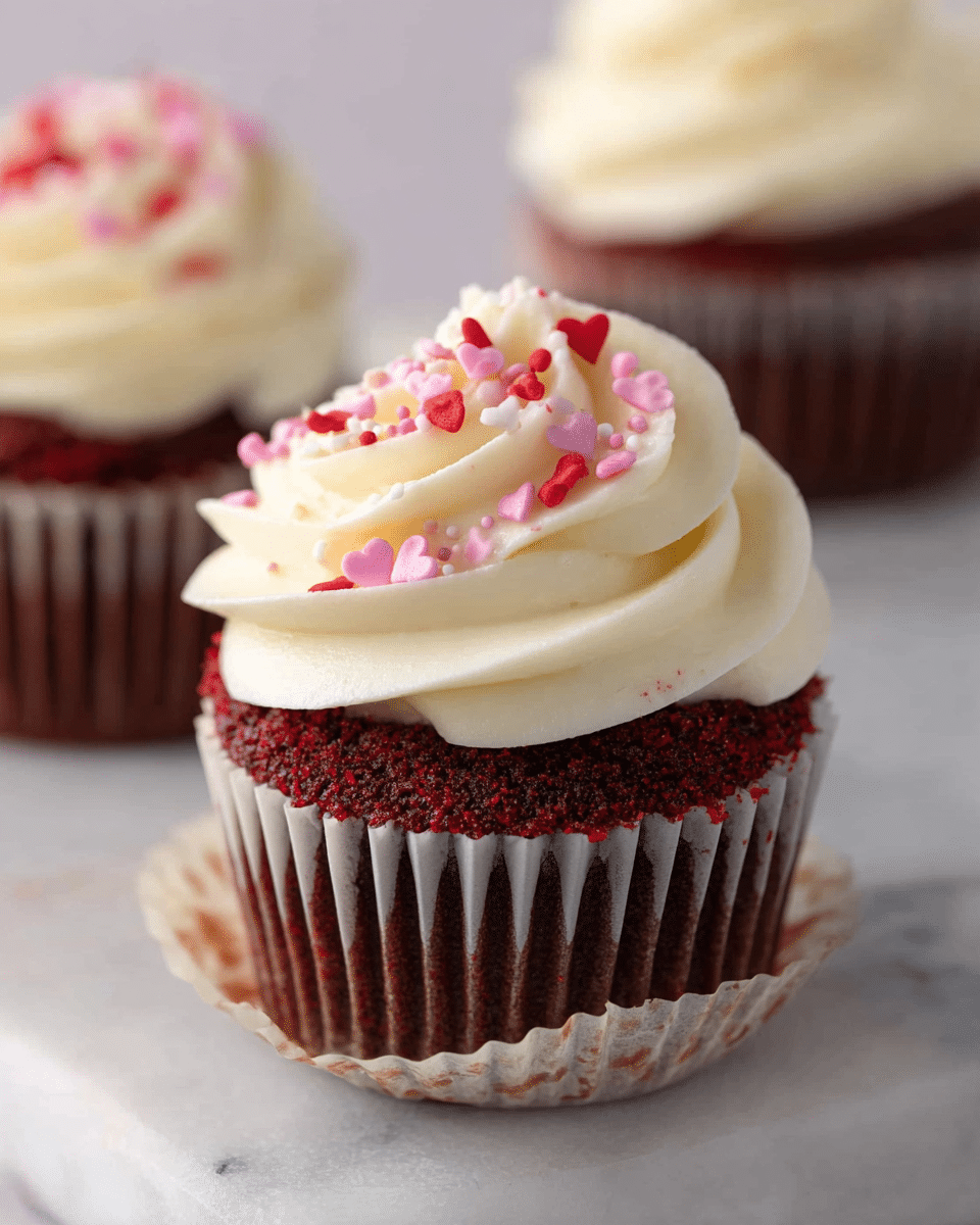 The image shows a close-up of a single red velvet cupcake with two visible layers: the bottom layer is dark red with a soft, moist texture, and the top layer is a generous swirl of creamy off-white frosting with a smooth, whipped texture. The frosting is decorated with small red and pink heart-shaped sprinkles scattered on top. The cupcake is in a ridged light brown paper liner and sits on a white marble surface. In the background, two similar cupcakes are softly blurred. photo taken with an iphone --ar 4:5 --v 7