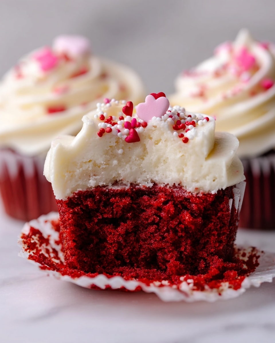 A close-up view of a red velvet cupcake cut in half, showing two layers: the bottom layer is rich, moist red cake with a soft, crumbly texture, and the top layer is thick, creamy white frosting swirled smoothly with soft peaks. The frosting is decorated with small, heart-shaped red, pink, and white sprinkles scattered on top. The cupcake is placed on a white marbled surface, and in the blurred background, there are two whole frosted cupcakes with similar decorations. The photo is taken with an iphone --ar 4:5 --v 7