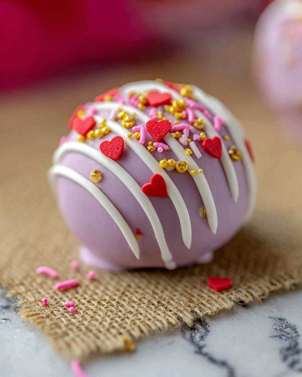 A small round cake ball covered in smooth light purple icing sits on a textured beige mat on a white marbled surface. The cake ball is decorated with thin, white icing stripes that curve over the top and scattered colorful sprinkles including red heart shapes, pink rods, small gold circles, and tiny yellow pieces, adding a bright contrast. The background is softly blurred, focusing on the detailed texture and decorations of the cake ball. photo taken with an iphone --ar 4:5 --v 7