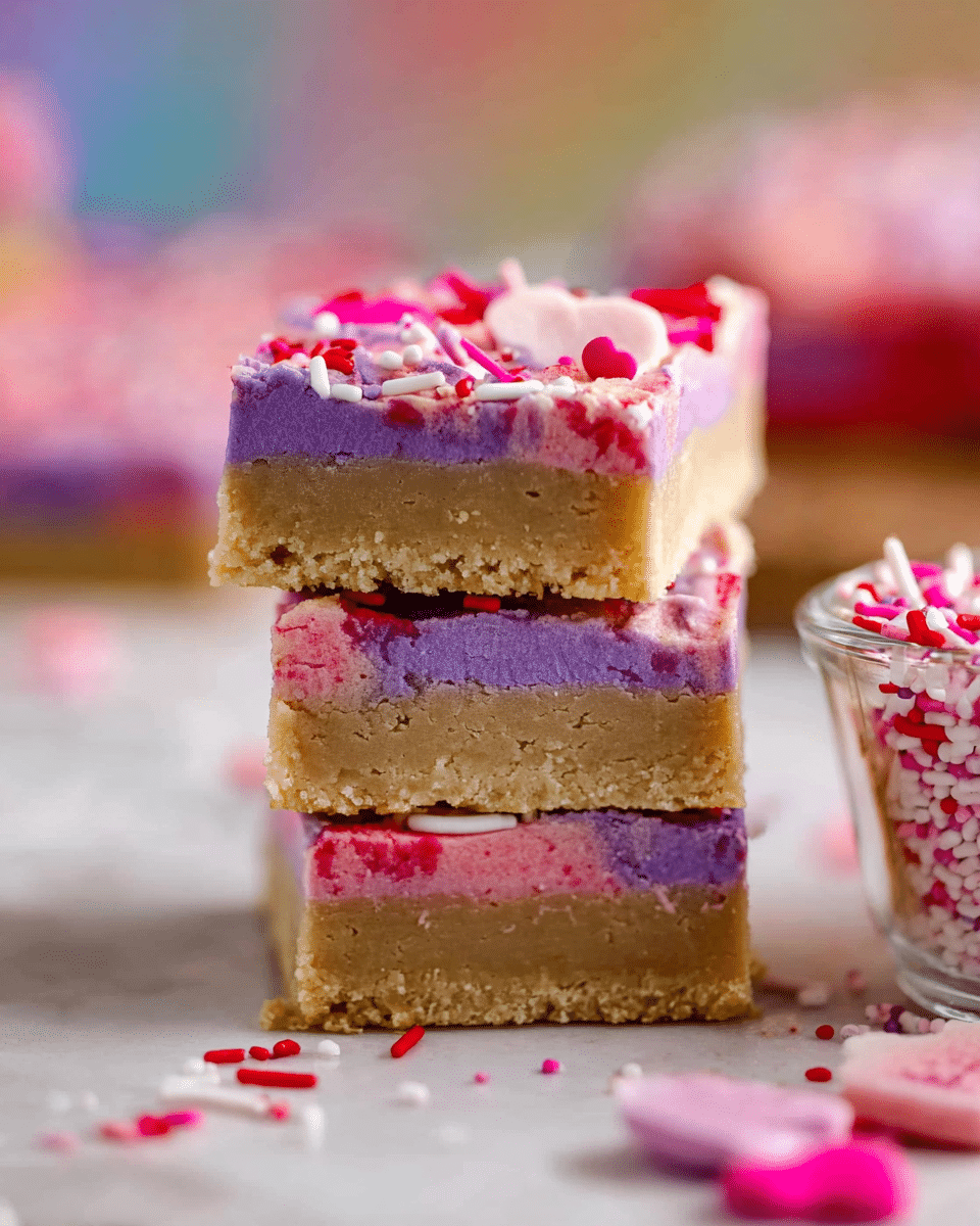 A close-up side view of a stack of three square dessert bars on a white marbled surface, each bar showing two layers: the bottom layer is thick, beige, and crumbly, while the top layer is a mix of pink and purple frosting with a rough texture. The top of each bar is decorated with small red, pink, and white round and stick-shaped sprinkles scattered unevenly. Around the stack, some sprinkles are scattered on the surface, and a container filled with more sprinkles is on the right side, slightly out of focus. The background is blurred, showing soft, colorful tones. photo taken with an iphone --ar 4:5 --v 7