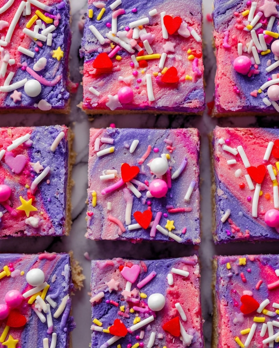 This image shows a close-up of twelve square-shaped dessert bars arranged in a grid on a white marbled surface. The bars have a soft, textured top colored in purple and pink swirls, almost like a tie-dye pattern. Each bar is generously topped with colorful sprinkles including small cylindrical shapes in white, pink, red, and purple, as well as tiny round pink balls and larger star-shaped yellow sprinkles. Some bars also have red heart-shaped sprinkles scattered on them. The edges of the bars appear slightly crumbly, and the bright, fun colors make the dessert look playful and inviting. photo taken with an iphone --ar 4:5 --v 7