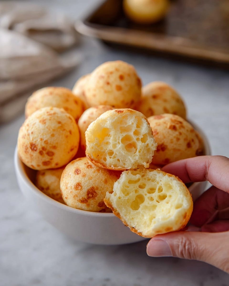 A bowl filled with small, round cheese bread balls that are pale golden with light brown spots, showing a slightly crusty texture on the outside. One piece is held close to the camera by a woman's hand, broken in half to reveal a soft, airy, and spongy yellow interior with visible holes. The bowl is white and round, sitting on a white marbled surface with a blurred background that includes a metal baking tray. Photo taken with an iphone --ar 4:5 --v 7