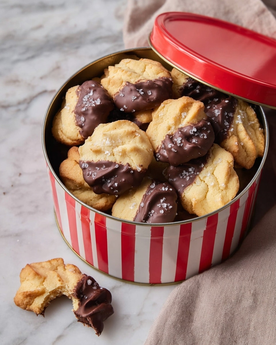 A round white tin with red stripes is filled with many light golden cookies that are half dipped in dark chocolate and sprinkled with small flakes of sea salt; the cookies have a slightly wrinkled texture and one cookie in the tin is partially bitten, while another cookie lies outside the tin on a white marbled surface. photo taken with an iphone --ar 4:5 --v 7