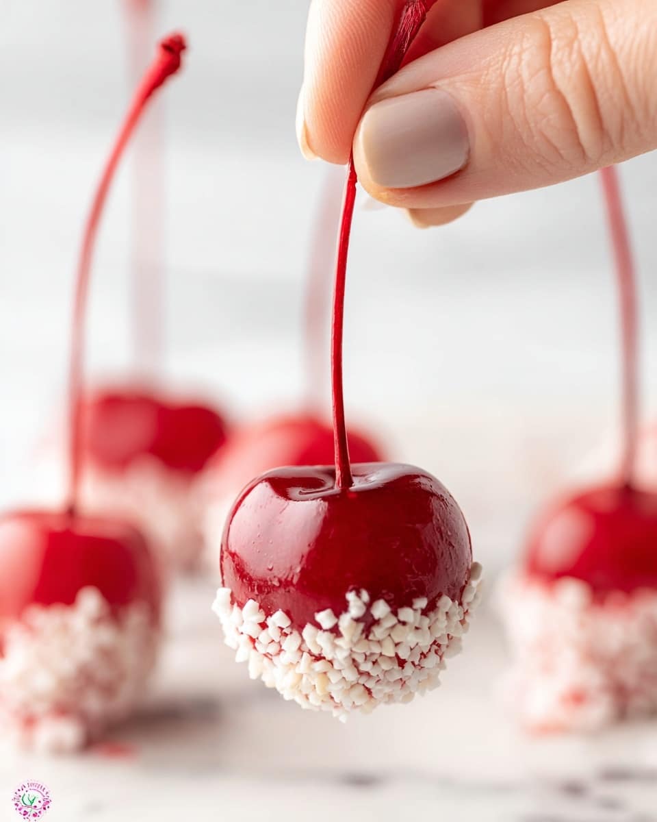A close-up image shows a bright red cherry with a smooth, shiny surface and a long thin red stem held gently by a woman's hand. The bottom half of the cherry is covered in a thick white coating that looks creamy, sprinkled with small white crunchy bits giving texture contrast. In the softly blurred background, several similar cherries stand upright on a white marbled surface, their red colors vivid against the light background. photo taken with an iphone --ar 4:5 --v 7