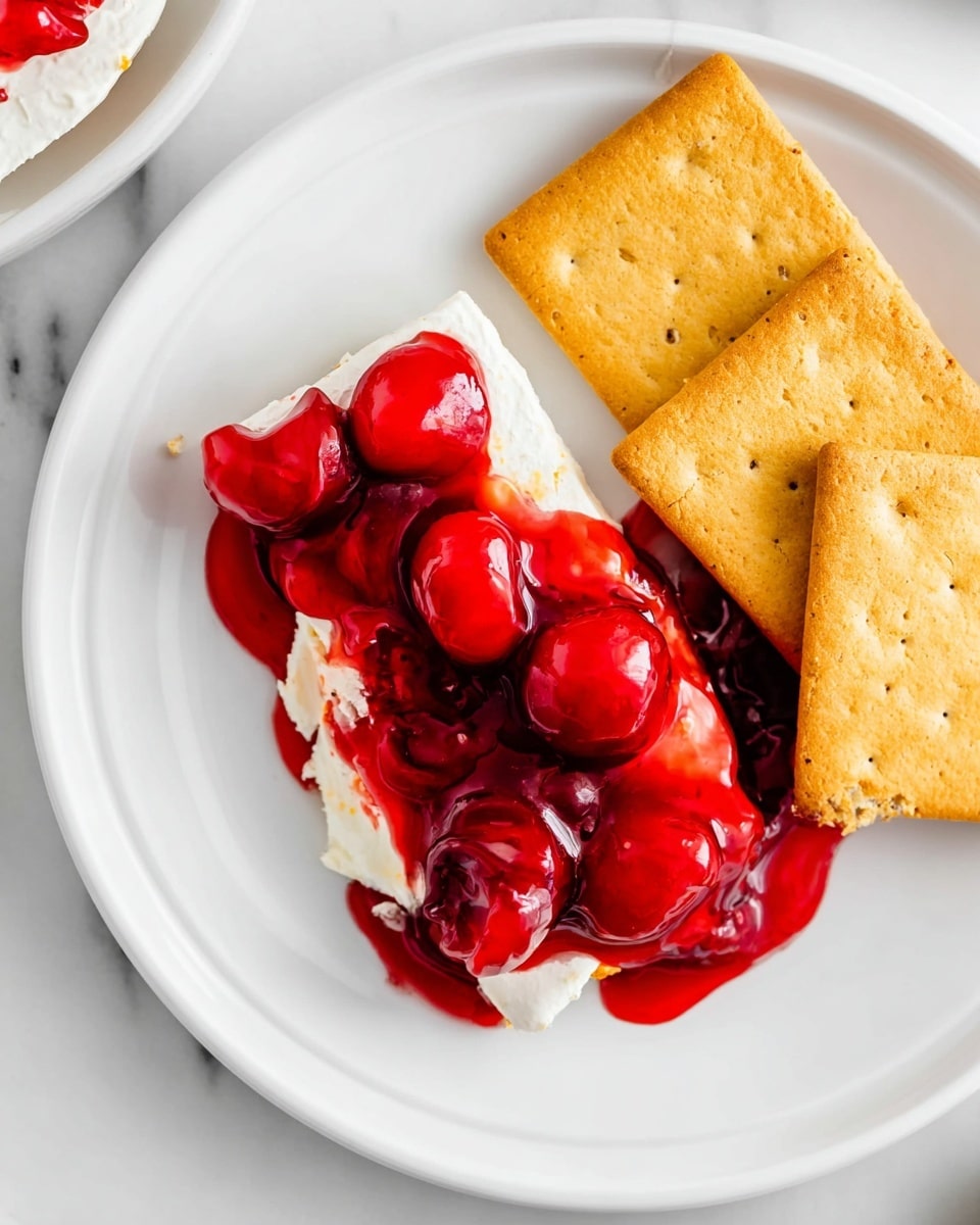 A close-up image shows a white rectangular glass dish containing a two-layer dip. The bottom layer is thick and creamy white, smooth in texture, filling most of the dish. The top layer is bright red and glossy with lots of whole and halved cherries covered in a shiny, jelly-like sauce. A woman’s hand is holding a rectangular, light brown cracker dipped into the layered dip, scooping up some creamy white layer topped with red cherry topping. The scene is set on a white marbled surface with parts of a black and white checkered cloth visible. Photo taken with an iphone --ar 4:5 --v 7