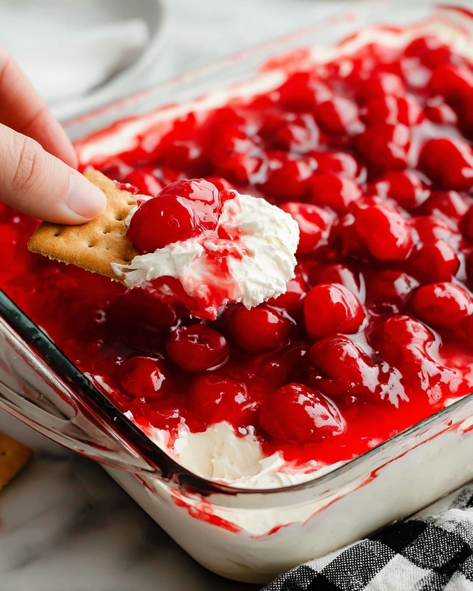 A white plate holds a small serving of three golden brown rectangular crackers on the right side, while the left side features a creamy white cheese layer topped with a thick, glossy red cherry sauce that includes whole cherries; the sauce spreads unevenly around the cheese, showing its soft texture underneath. The plate sits on a white marbled surface. photo taken with an iphone --ar 4:5 --v 7