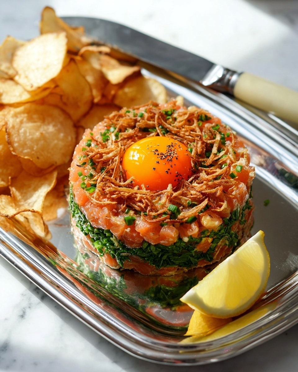 The dish features a round stack of finely chopped orange fish mixed with herbs as the bottom layer, topped with a thick layer of finely chopped green chives, and garnished with crispy fried shallots spread evenly on top. At the center of the top layer sits a single bright orange egg yolk with black pepper sprinkled over it. The stack is placed on a shiny silver tray along with light golden-brown, crispy chips surrounding the stack. A bright yellow lemon wedge sits on the side of the tray next to a silver knife with a cream-colored handle, all set against a white marbled surface. Photo taken with an iphone --ar 4:5 --v 7