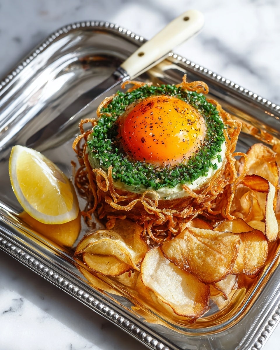 On a shiny silver tray with a beaded edge, there is a round stack of food with a bright orange egg yolk on top, lightly speckled with black pepper. The yolk sits on a thick middle layer covered by a green ring of finely chopped herbs, possibly chives, and topped with crispy, thin fried onion curls. Surrounding the main stack are thin, crispy potato chips that are golden brown with some darker spots. To the left of the stack, there is a wedge of lemon in a pale yellow color. A white-handled knife lies next to the lemon on the tray. The whole setting rests on a white marbled surface. photo taken with an iphone --ar 4:5 --v 7