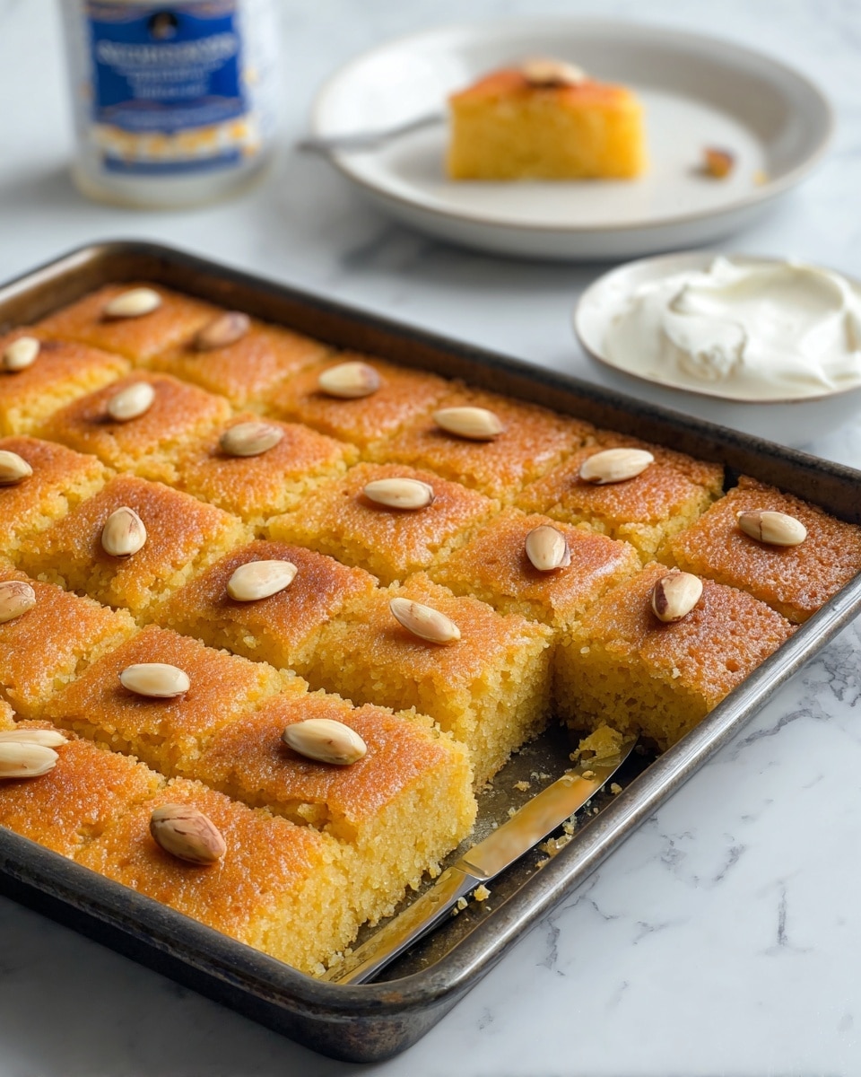 The image shows a pan filled with a golden yellow cake cut into 20 squares, each topped with a single whole almond. The cake has a slightly crispy, browned top layer with a moist, crumbly texture underneath, visible where one square has been cut out. The pan is a dark metal baking tray sitting on a white marbled surface. In the background, there is a white plate with another piece of the cake beside a dollop of cream, and a tub of extra creamy skyr is also visible. A knife lies inside the pan near the missing square. photo taken with an iphone --ar 4:5 --v 7