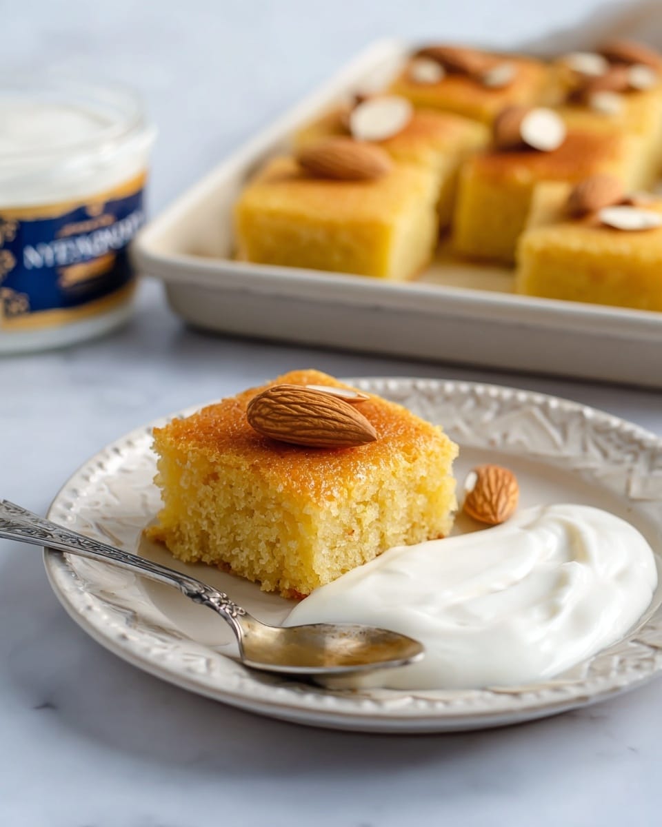 The image shows a white plate with two square pieces of golden-yellow cake, each topped with a single almond. One piece leans against the other, showing a moist and crumbly texture. Next to the cake pieces is a dollop of thick, creamy white sauce, with visible vanilla bean specks. A silver spoon lies beside the sauce on the plate. In the background, a tray holds additional square cake pieces with almonds arranged on top, set on a white marbled surface. Also visible is a container of extra creamy skyr, slightly out of focus. photo taken with an iphone --ar 4:5 --v 7