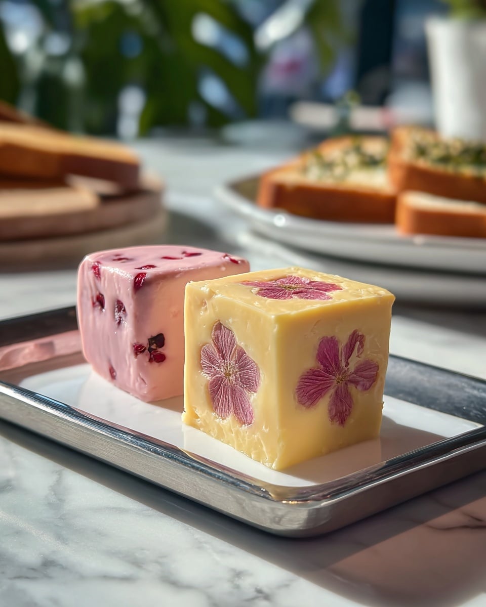 Two square blocks of smooth, creamy desserts sit side by side on a white square plate, placed on a shiny metal tray with a white marbled surface underneath. The block in the foreground is pale yellow, decorated with three large, detailed pink flower petals pressed into its sides. The block behind it is light pink, featuring small red fruit pieces embedded on the surface. In the background, there are green leaves and blurred toast slices on a white plate, all under soft natural light. Photo taken with an iphone --ar 4:5 --v 7