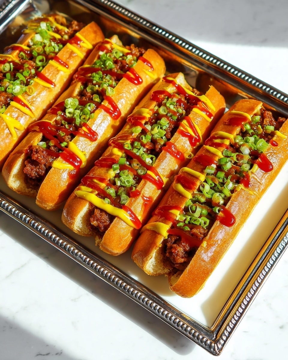 Four stuffed bread rolls sit neatly on a white rectangular plate, placed on a silver tray with beaded edges, all on a white marbled surface. Each bread roll is golden-brown and sliced open lengthwise to reveal a layer of finely diced browned sausage inside. The sausages are topped with bright yellow mustard and rich red ketchup drizzled in thin lines over the top, adding vibrant color contrast. Finally, a scattering of finely chopped green onions covers the sauces, adding a fresh touch of green over every roll. The light shines on the dish, highlighting the textures and colors, creating an inviting and tasty look. photo taken with an iphone --ar 4:5 --v 7