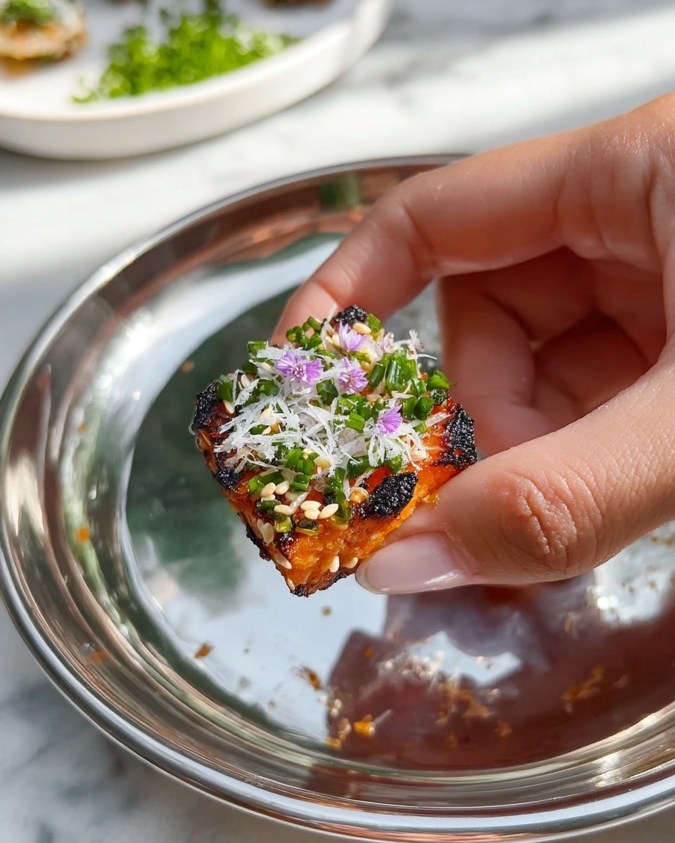 A small square-shaped piece of grilled food is held by a woman's hand between thumb and index finger. The bottom layer is black with char marks, the main body is a burnt orange color with visible sesame seeds on the sides. On top, there is a layer of finely chopped green herbs, white shredded topping, and small purple edible flowers scattered among the herbs. The food is held over a shiny, reflective silver plate, and blurred white dishware with greens can be seen in the white marbled textured background. photo taken with an iphone --ar 4:5 --v 7