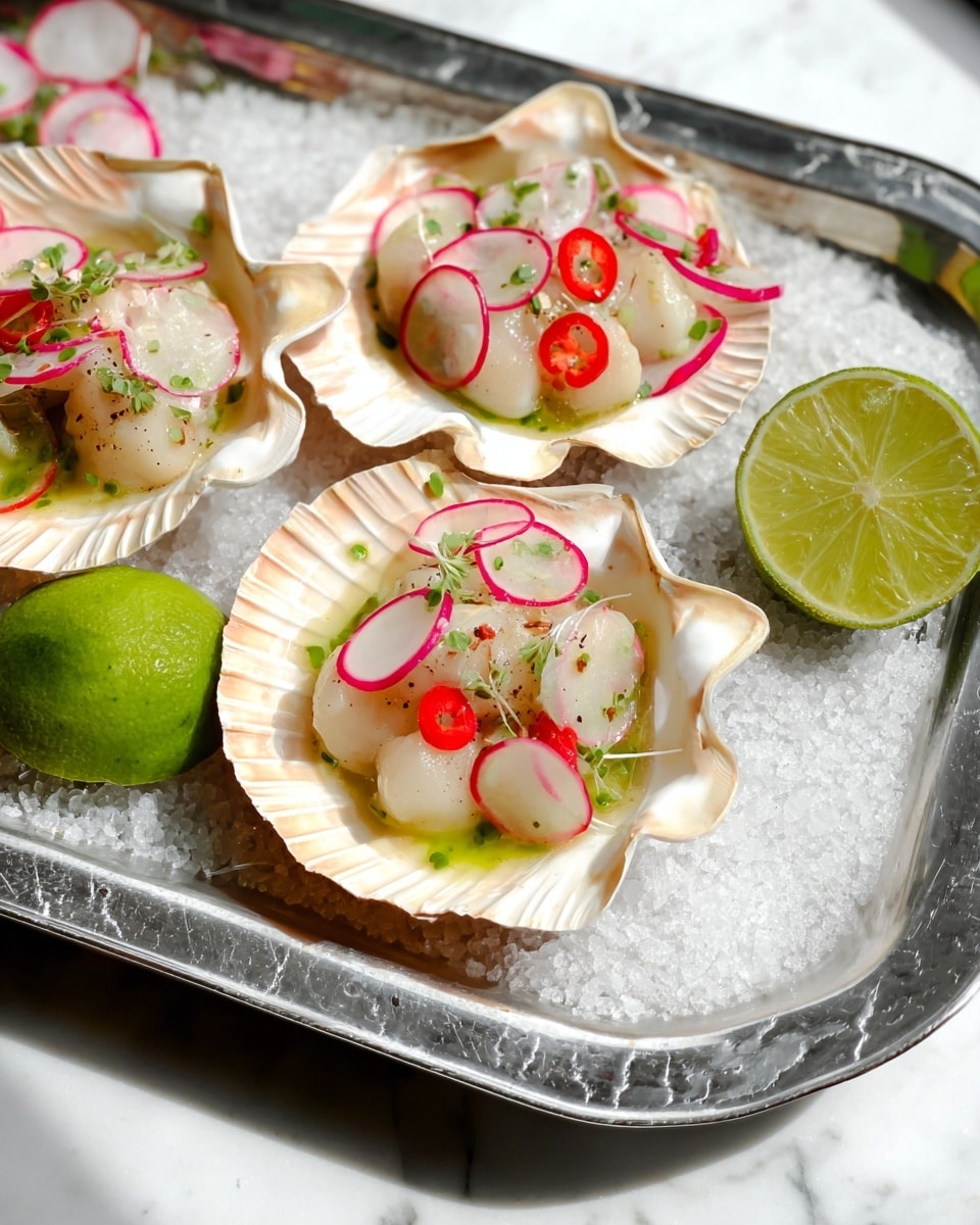 Three scallop shells sit on a silver tray filled with coarse white salt on a white marbled surface. Each shell holds a dish with a creamy white base, topped with small, pale chunks of raw fish, thin red chili slices, and thin round slices of pink radish. The fish and toppings are lightly drizzled with green oil and garnished with tiny white edible flowers. Lime wedges rest around the tray adding a splash of bright green color. Photo taken with an iphone --ar 4:5 --v 7