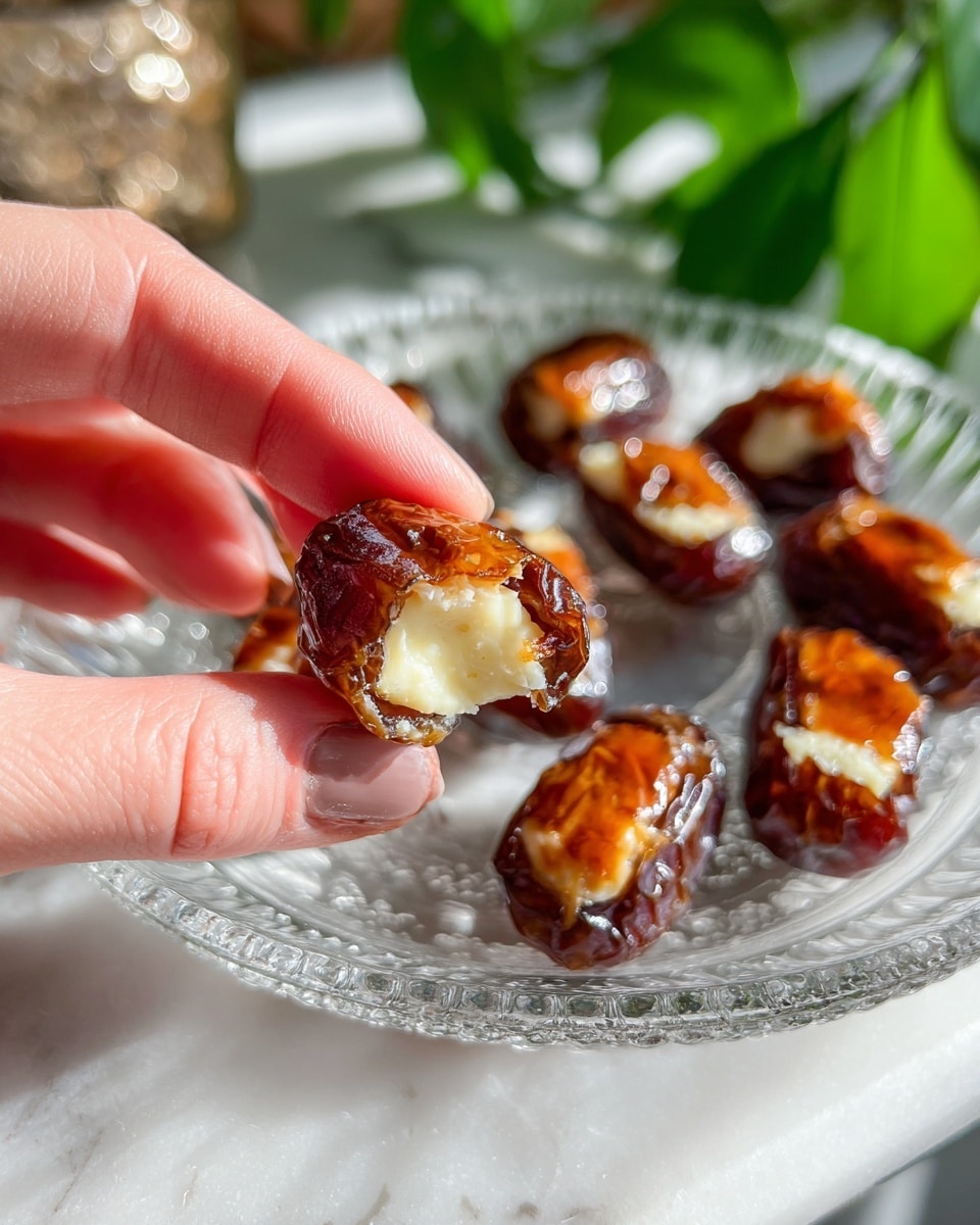 A woman's hand is holding a small brown date cut open, revealing a smooth, creamy white filling inside. The date has a shiny, slightly caramelized top layer that looks golden brown. Several other stuffed dates with the same caramelized glossy tops are arranged on a clear, detailed glass plate placed on a white marbled surface. The background is softly lit with a hint of green leaves, creating a fresh, bright setting. Photo taken with an iphone --ar 4:5 --v 7