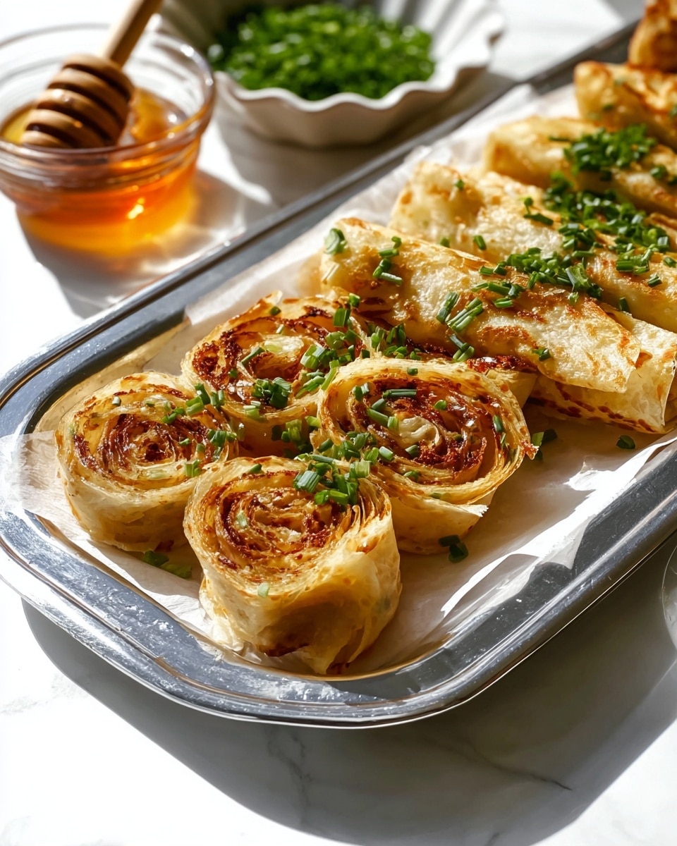 The image shows several rolled layers of light golden, thin dough that are skewered and placed on a shiny silver tray lined with white paper. The rolls have a textured, slightly crispy outer layer with a darker, reddish-brown filling visible in thin swirls throughout each roll. The rolls in the foreground are topped with a generous sprinkle of finely chopped green onions, adding a fresh green color contrast. In the background, there is a small clear bowl of amber-colored honey with a wooden honey dipper resting inside, and a white scalloped bowl filled with chopped green herbs. The whole scene is set against a white marbled surface with bright natural light shining on it. photo taken with an iphone --ar 4:5 --v 7