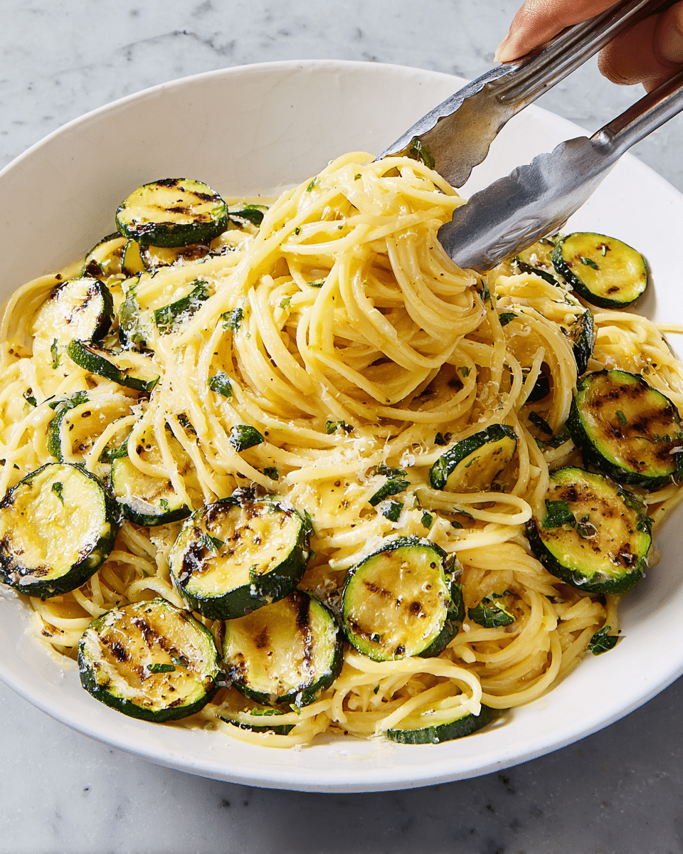 A white plate holds a serving of spaghetti pasta mixed with grilled zucchini slices. The pasta is coated in a creamy yellow cheese sauce with flecks of green from herbs. The zucchini slices are round, showing dark grill marks across their green skin and pale inside, scattered evenly throughout the noodles. A metal tong held by a woman's hand is lifting some pasta and zucchini from the plate. The scene is set on a white marbled surface. photo taken with an iphone --ar 4:5 --v 7