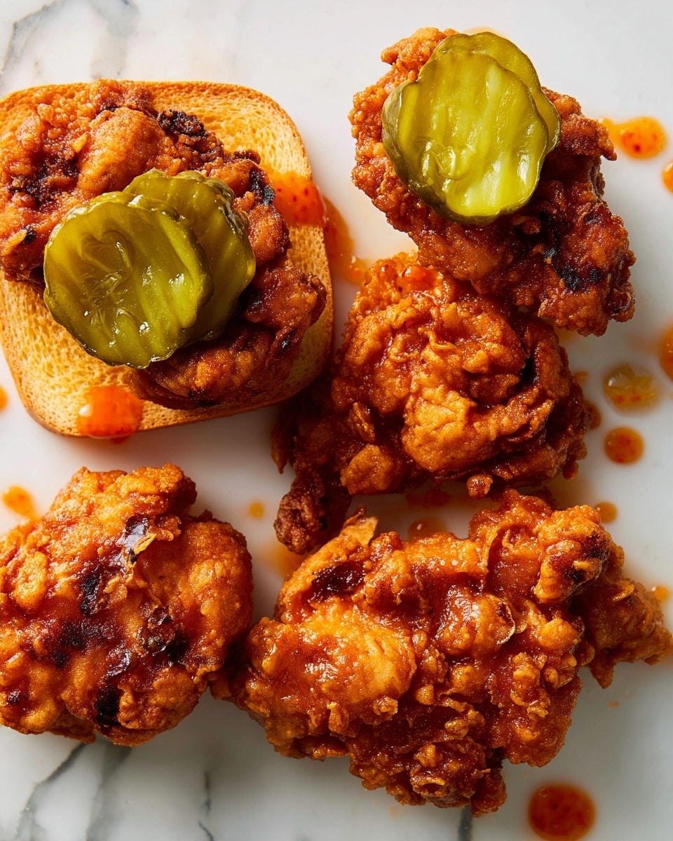 The image shows four pieces of golden-brown fried chicken with a crispy, uneven texture and some darker browned spots, each piece thickly battered. Three green pickle slices with ridged edges rest near the top, shiny from brine. On the sides, there are edges of white toast bread with a light crust. The food is placed directly on a white marbled surface with small drops of reddish-orange sauce scattered around the chicken, adding a glossy shine to some parts. photo taken with an iphone --ar 4:5 --v 7