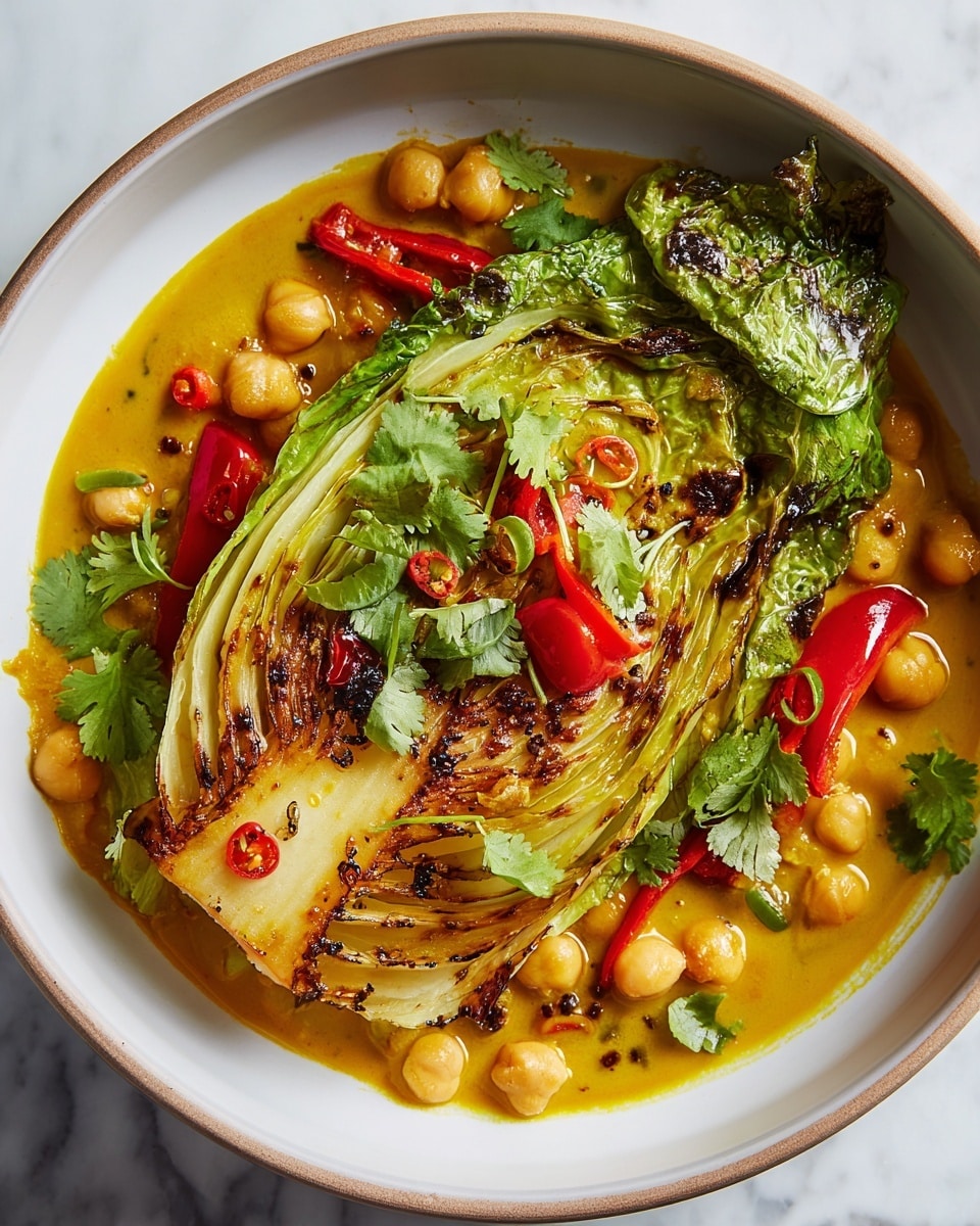 The dish shows one large, charred green cabbage leaf placed slightly off-center in a white bowl with a light brown rim. Beneath and around the cabbage leaf are many plump, light beige chickpeas mixed with bright red bell pepper slices and small sprigs of fresh green cilantro scattered on top. The ingredients sit in a thick, warm yellow-orange curry-like sauce that fills the bowl, with some curry bits resting on the cabbage leaf. The texture of the cabbage leaf is slightly crispy with grilled marks, while the chickpeas and peppers add a soft, fresh look. The bowl is placed on a white marbled surface. Photo taken with an iphone --ar 4:5 --v 7