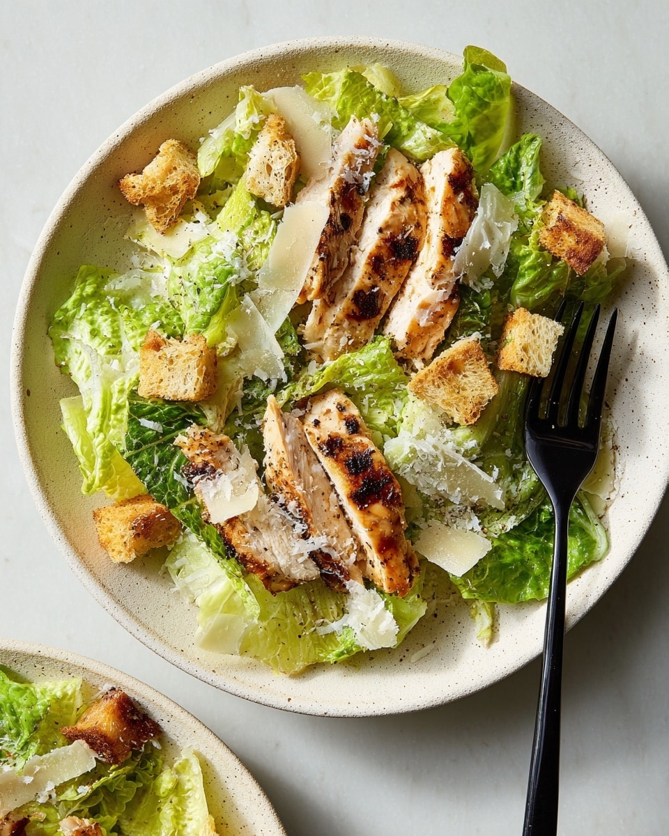 A white rustic plate holds a Caesar salad with a base layer of fresh green Romaine lettuce leaves, crisp and varied in size. On top, there are light golden grilled chicken strips with charred spots, arranged slightly overlapping in the center. Scattered around the chicken are chunky, golden-brown croutons that look crunchy. Light shavings of white Parmesan cheese are sprinkled over the chicken, lettuce, and croutons, adding a delicate texture. In the top right corner of the plate, a black fork rests partially on the salad. The plate sits on a white marbled surface. Photo taken with an iphone --ar 4:5 --v 7