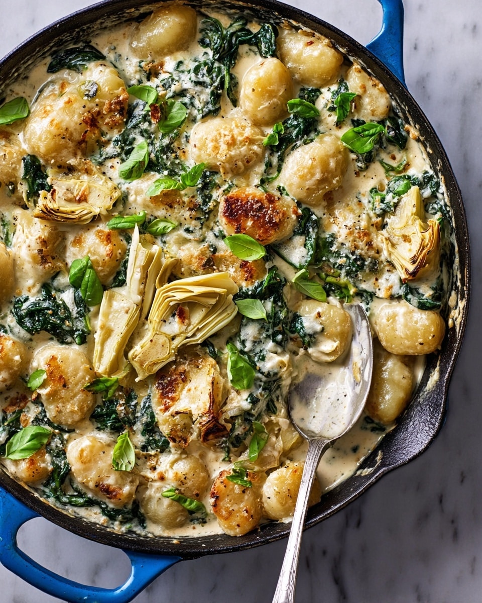 A close-up top view of a creamy gnocchi dish in a cast iron skillet with a blue handle, placed on a white marbled surface. The dish has several layers: soft gnocchi pieces that are light golden with a slightly browned, charred texture, wilted vibrant green spinach leaves mixed throughout, tender artichoke hearts with a pale yellow color and some light charring, all covered in a thick creamy white sauce that has hints of melted cheese and bits of seasoning. There is a silver spoon partially scooping some gnocchi and sauce from the bottom right, and fresh small basil leaves sprinkled on top for decoration. photo taken with an iphone --ar 4:5 --v 7