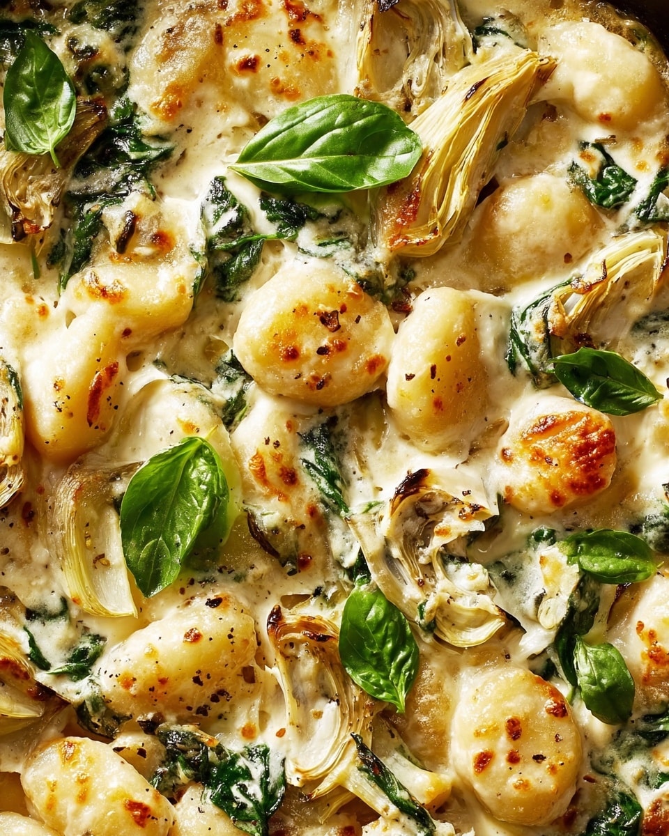 This close-up image shows a dish with several layers: the base layer is creamy white sauce mixed with small, soft, round gnocchi pieces that have light golden brown spots from cooking. Scattered throughout are tender green spinach leaves and thin, light beige artichoke slices with some char marks. The dish is topped with small fresh basil leaves, adding bright green color. The textures are creamy and soft with subtle toasted parts on the gnocchi and artichoke. The whole dish has a melted, slightly bubbly cheese look, making it rich and inviting. Photo taken with an iphone --ar 4:5 --v 7