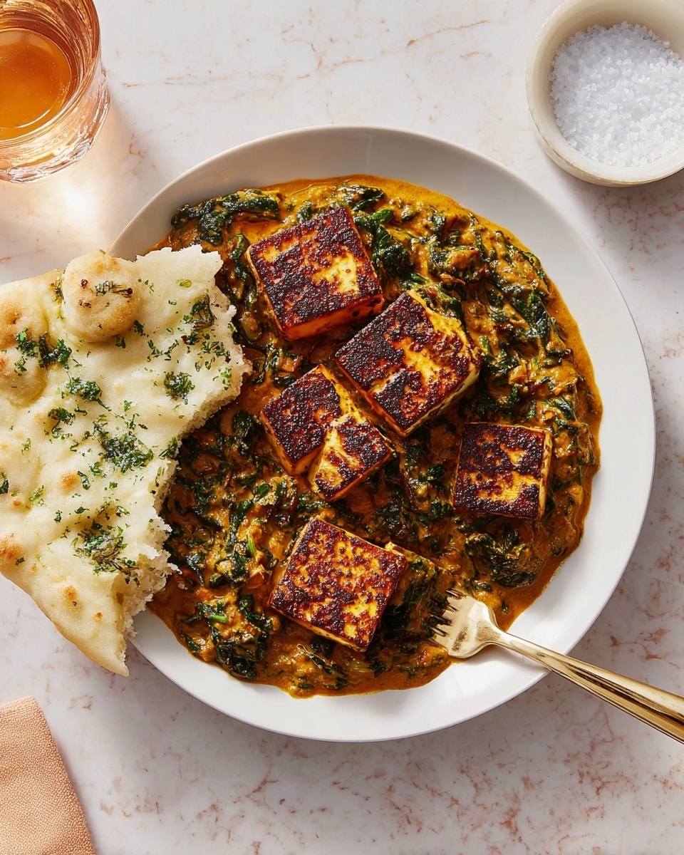 A white plate holds a rich dish with a thick creamy orange sauce mixed with cooked dark green spinach leaves. On top of the sauce are five golden-brown cubes of grilled tofu, showing a crispy, charred surface. To one side of the plate, a piece of white naan bread with green herbs is placed partially over the sauce. A gold fork on the right side of the plate spears one of the tofu cubes. The plate sits on a white marbled textured surface. photo taken with an iphone --ar 4:5 --v 7