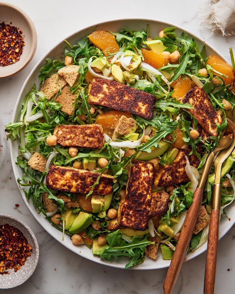 A large white plate filled with a colorful salad sits on a white marbled surface. The salad has a base layer of green arugula leaves, topped with several slices of grilled golden-brown halloumi cheese with a slightly charred texture. Intermixed are bright orange segments, light green avocado slices, and thin white shreds of fennel. There are also scattered pieces of crushed pita bread and small beige chickpeas throughout the salad. Two wooden salad spoons with golden handles rest inside the plate on the right side. In the top left corner, a small white bowl filled with red chili flakes is partially visible beside the plate. Photo taken with an iphone --ar 4:5 --v 7