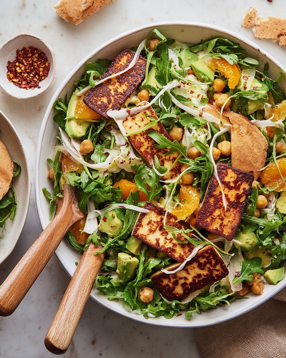 A large white bowl filled with a fresh salad layered with green arugula leaves as the base, bright orange slices and avocado pieces adding vibrant color throughout, thin white fennel shreds scattered on top, and golden browned grilled halloumi cheese rectangles placed evenly over the salad. There are also chickpeas and small green chili slices mixed in, with broken pieces of pita bread adding texture among the greens. Two wooden salad servers with light brown handles rest inside the bowl on a white marbled surface. Nearby, a small white bowl with red chili flakes is partially visible. photo taken with an iphone --ar 4:5 --v 7