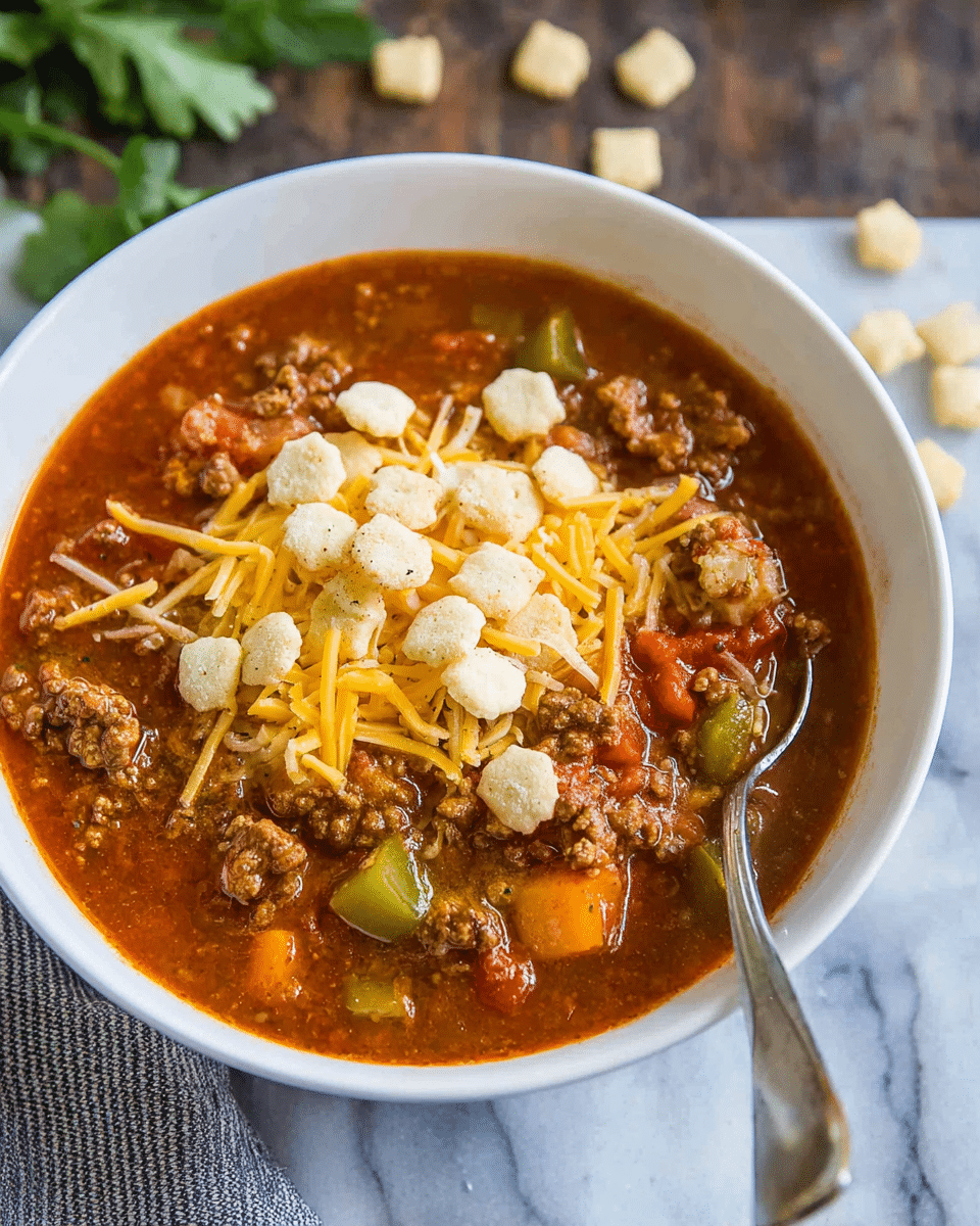 A white bowl filled with a thick chili stew that has a rich reddish-brown broth with visible chunks of browned ground meat, green and orange vegetables, and tomatoes. On top, there is a generous layer of shredded yellow and white cheese, sprinkled with small, round, light beige crackers. A metal spoon rests inside the bowl on the right side. The bowl is set on a white marbled surface with some green leafy garnish blurred in the back. Photo taken with an iphone --ar 4:5 --v 7