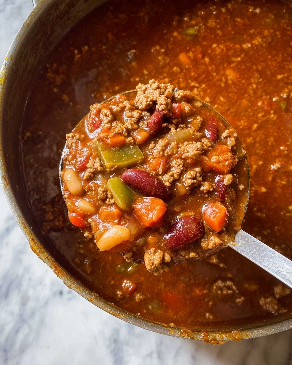 A close-up view of a ladle filled with thick chili stew scooped from a large silver pot. The chili has four key layers: a base layer of rich, reddish-brown sauce with a slightly chunky texture; a middle layer with ground meat crumbles in a light brown color; a third layer of mixed beans showing orange, red, and beige hues; and pieces of chopped vegetables like green and orange bell peppers and tomatoes scattered throughout. The sauce glistens slightly, showing some oiliness, and the pot edges show sauce residue. The background is a white marbled texture. photo taken with an iphone --ar 4:5 --v 7