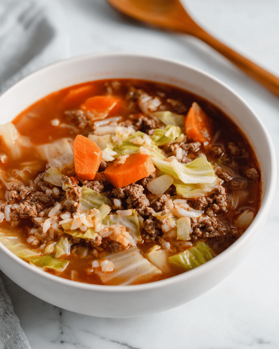 A white bowl filled with a hearty soup sits on a white marbled surface. The soup has a rich, reddish broth visible at the base, topped with small chunks of browned ground meat scattered throughout. Bright orange carrot slices and light green cabbage pieces float on the surface along with small bits of white rice mixed throughout the soup. A wooden spoon is partially visible in the background. The overall look is warm, comforting, and colorful. photo taken with an iphone --ar 4:5 --v 7