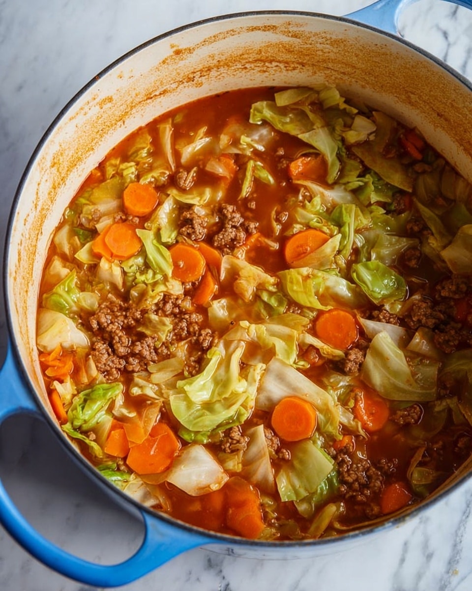 A close-up view of a blue pot filled with a stew containing roughly chopped green cabbage, sliced orange carrots, and small chunks of cooked ground meat, all mixed in a thick reddish-brown broth. The cabbage pieces are soft with some edges slightly curled, the carrot slices are evenly cut into small rounds, and the meat is crumbled throughout the dish, creating a textured look. The inside walls of the pot show some sauce residue, indicating it has been cooked and stirred well. The pot is placed on a white marbled surface. photo taken with an iphone --ar 4:5 --v 7