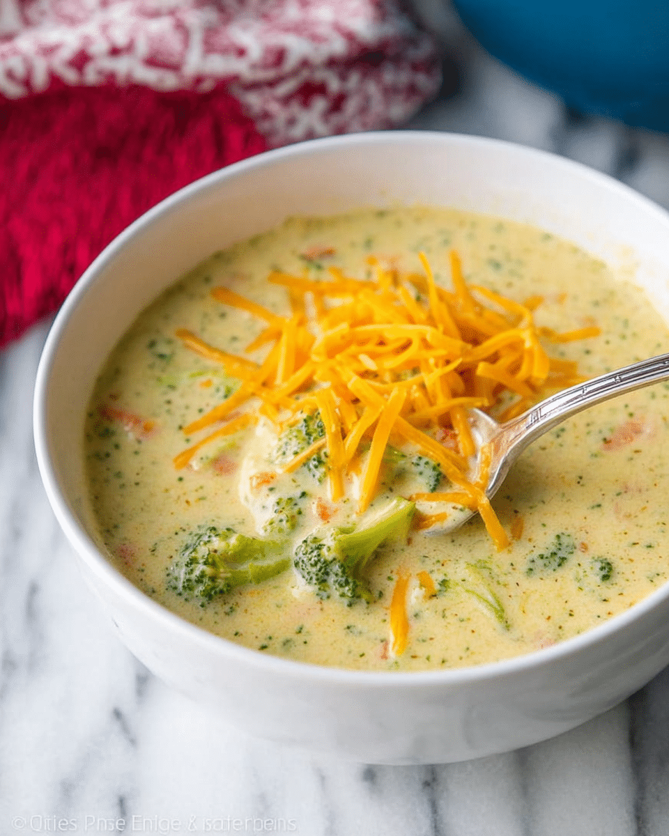 A white bowl filled with creamy soup that has small pieces of green broccoli and orange carrot visible in the thick mixture. On top of the soup, there is a layer of bright orange shredded cheese scattered in the center. A silver spoon is dipped into the soup on the right side, lifting some of the creamy mixture. The bowl is set on a white marbled surface with part of a blurred red and white cloth and a blue item in the background. photo taken with an iphone --ar 4:5 --v 7