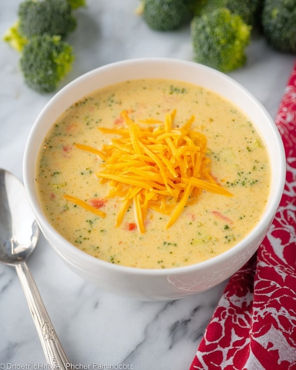 A white bowl with creamy broccoli cheese soup with a thick texture fills the bowl, showing small broccoli pieces and bits of carrots mixed throughout. On top, there is a pile of bright orange shredded cheddar cheese. The bowl sits on a white marbled surface with a silver spoon to the left and broccoli florets in the upper right corner. Part of a red and white patterned cloth is in the background near the top. Photo taken with an iphone --ar 4:5 --v 7