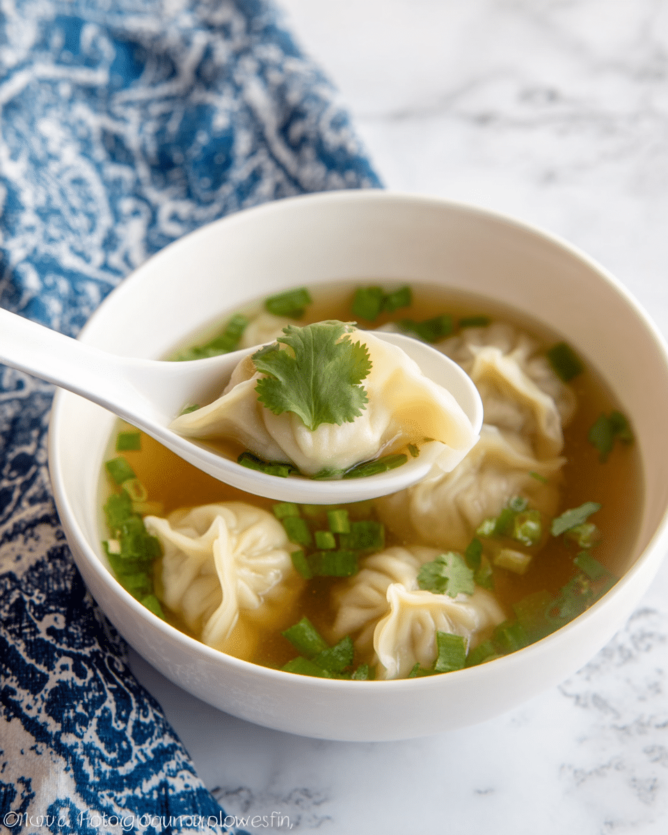 A white bowl filled with clear broth soup, containing three dumplings with light, smooth skins. The dumplings float in the broth, topped with bright green chopped scallions and fresh cilantro leaves, adding a fresh touch. A white ceramic spoon is gently holding one dumpling above the broth, showing its folded texture and a cilantro leaf on top. The bowl is placed on a white marbled surface, with a blue and white patterned cloth in the background. Photo taken with an iphone --ar 4:5 --v 7