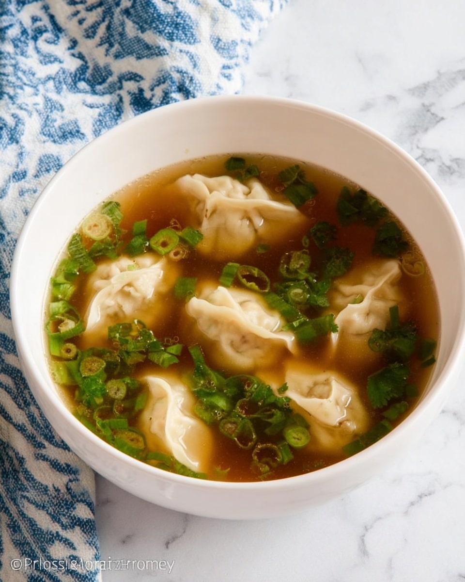 A white bowl filled with clear brown broth, with five pale beige dumplings floating in it. The dumplings have soft, slightly wrinkled textures and are spread evenly. Bright green chopped herbs and thin green onion slices float on the surface, adding fresh color. The bowl sits on a white marbled surface with a blue and white cloth partially visible in the background. photo taken with an iphone --ar 4:5 --v 7