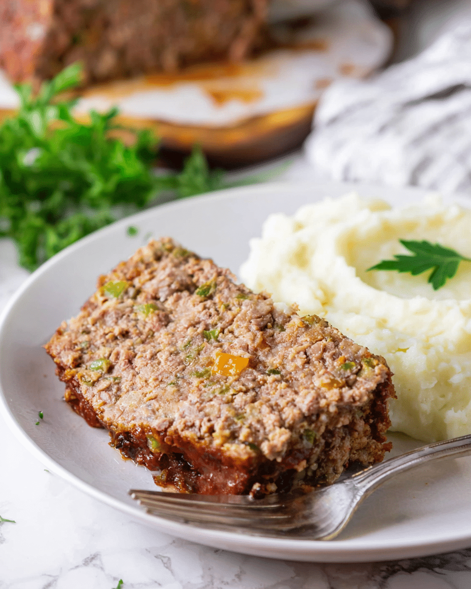 A close-up of a single slice of meatloaf placed on a white plate, showing a rough, crumbly texture with visible bits of green peppers, onions, and small orange pieces inside the brown meat. The meatloaf slice takes up most of the plate’s center and leans slightly to the right, with a bite taken out from its lower left side. Beside the slice, on the right, is a mound of creamy white mashed potatoes garnished with a small green leaf, creating a soft, fluffy texture. A silver fork lies diagonally at the bottom left edge of the plate, with its tip resting on the mashed potatoes and meatloaf crust. In the background, a blurred cutting board with the rest of the meatloaf sits on a white marbled surface, along with some fresh green parsley. The overall lighting is bright and natural. Photo taken with an iphone --ar 4:5 --v 7