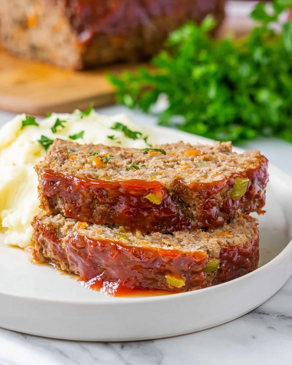 Two thick slices of meatloaf stacked on a white plate, showing three layers: the top and middle layers are light brown with a coarse, crumbly texture mixed with bits of orange and green from vegetables, and the bottom layer is a glossy, rich reddish-brown glaze that drips slightly down the sides. To the left of the meatloaf is a creamy, white mashed potato portion, soft and smooth. In the background, a blurred bunch of fresh green parsley sits on a white marbled surface, with a large, uncut piece of meatloaf behind it. Photo taken with an iphone --ar 4:5 --v 7