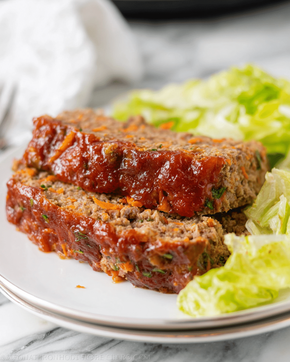 On a white plate sits two thick slices of meatloaf stacked on each other, each slice showing a coarse, crumbly texture mixed with bits of green herbs and orange carrot shreds. The top layer of the meatloaf is covered in a glossy, rich reddish-brown sauce that glistens in the light. To the side, there is a small pile of pale green, leafy lettuce with some translucent parts, adding a fresh contrast to the dense meatloaf. The background shows a soft white marbled texture, and the overall look is warm and inviting. Photo taken with an iphone --ar 4:5 --v 7